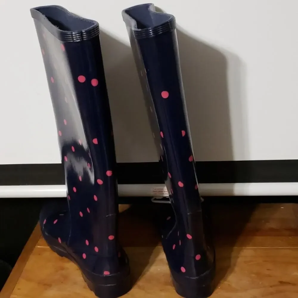 J Crew Navy/Pink Polka Dot Tall Rain Boots  7